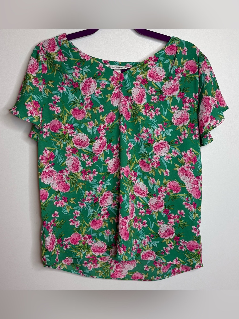Counterparts Green Floral Flutter Sleeve Top with Pink Blooms Women Size M